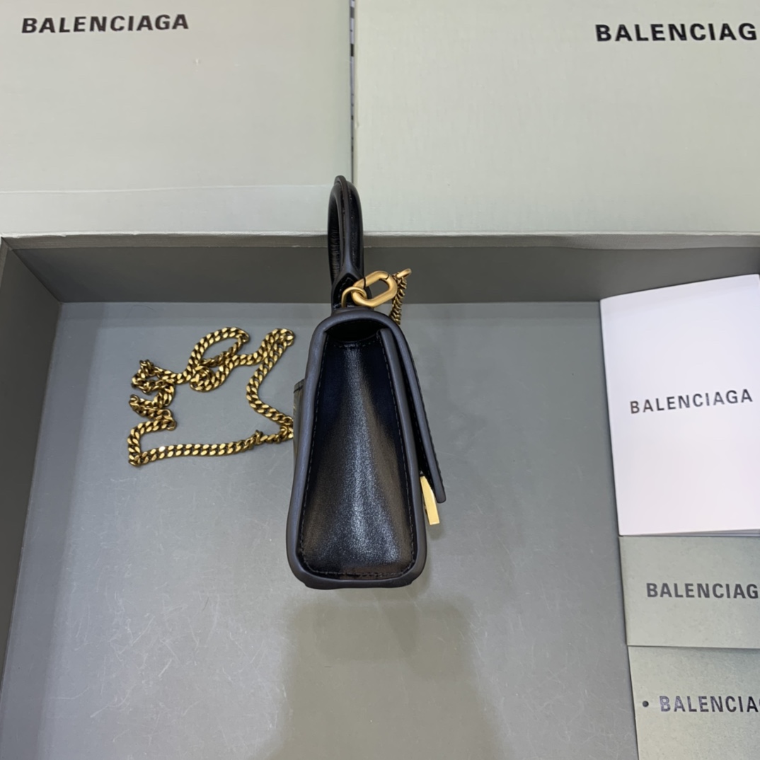 Balenciaga Hourglass Mini Handbag With Chain Calfskin Shoulder Bag Black